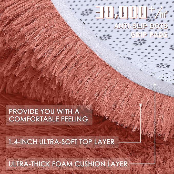 OLANLY Rust Red Round Rugs for Bedroom - Machine Washable, 9 ft Circle Area Rugs for Living Room, Soft and Fluffy Shaggy Carpet for Teen Girl and Boys, Nursery Rooms, Dorms, Home Decor Aesthetic
