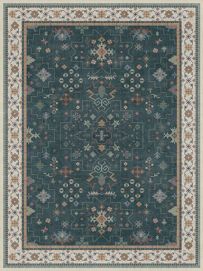 Hazo Haus Dark Green Vintage Living Room Rug 9x12 - Boho Unique Floral Victorian Decor, Washable Low Pile Non-Slip Extra Large Area Rugs for Dining Under Table Bedroom