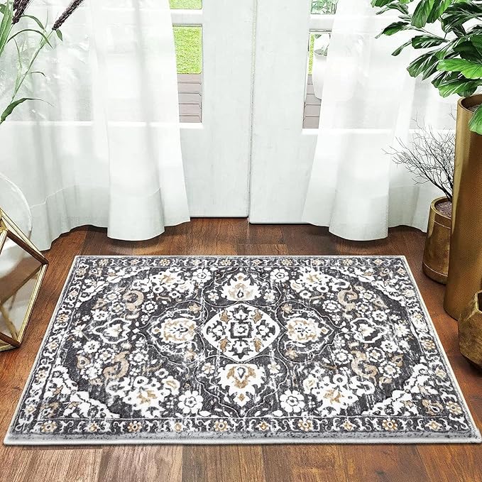 HEBE Washable Area Rug - 2'x3' Non Slip Soft Distressed Medallion Bedroom Boho Living Room Accent Throw Vintage Entry Floor Carpet for Dining Room Bathroom Entryway