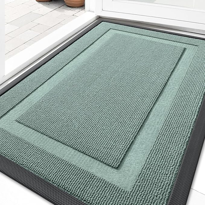 OLANLY Front Door Mat Indoor Outdoor Entrance, Waterproof All-Season, All-Weather Doormat, Sturdy Natural Rubber, Low Profile, Easy Clean Patio Porch Entryway Mat, 29.5x17, Grayish Green