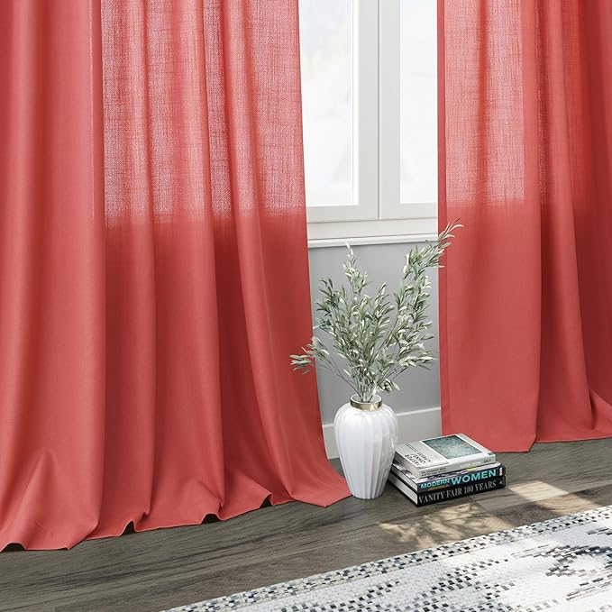 Nanspring Watermelon Red Curtains 108 Inches Long 2 Panels, Semi Sheer Back Tab Loop Pocket Large Window Curtain Extra Long Light Filtering Drapes High Ceiling Drape for Living Room 52x108