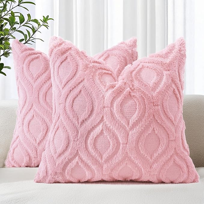 decorUhome Summer Throw Pillow Covers 22x22 Inch Set of 2, Soft Plush Faux Wool Light Pink Solid Couch Pillow Covers, Accent Euro Sham Farmhouse Neutral Square Pillow Cases for Sofa Bed Living Room
