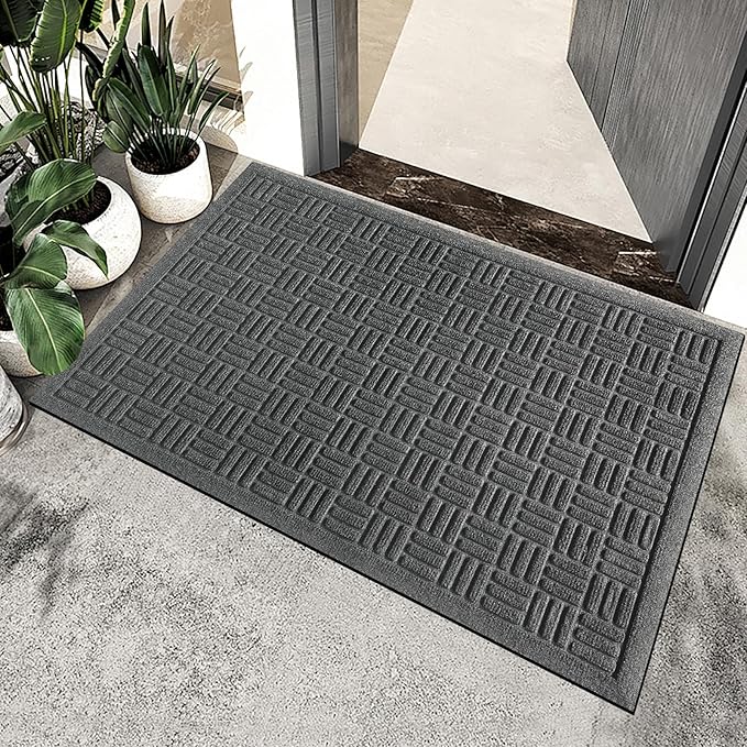 Mibao Front Door Mat Indoor Outdoor Entrance, Dirt Trapping Waterproof All-Season, All-Weather Doormat, Non-Slip Durable Natural Rubber Low Profile Easy Clean Patio Entrance Mat, 29.5" x 17", Grey