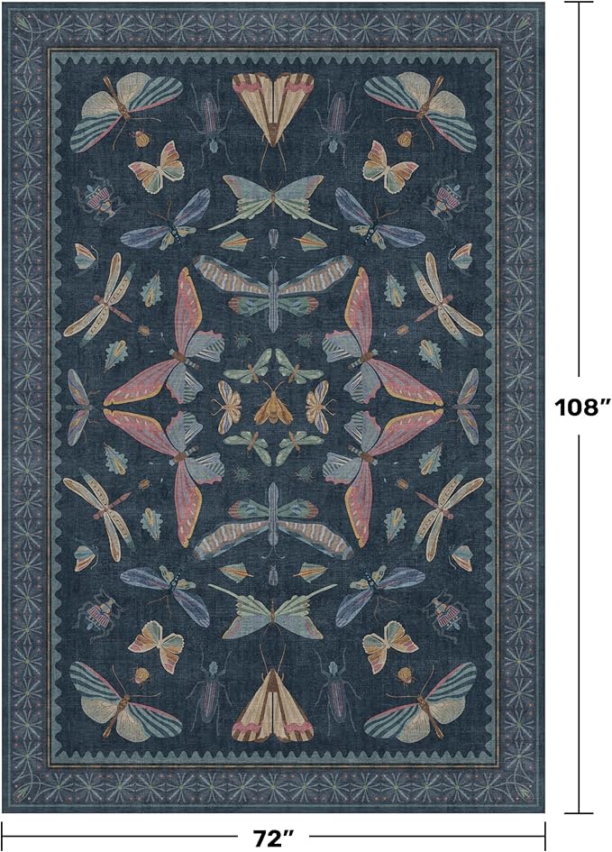 Boho Living Room Area Rug 6x9, Non Slip Dining Room Rugs for Under Table, Washable Soft Low Pile Bedroom, Vintage Insect Moth Dark Home Décor, Stain Resistant Carpet (Navy Blue)