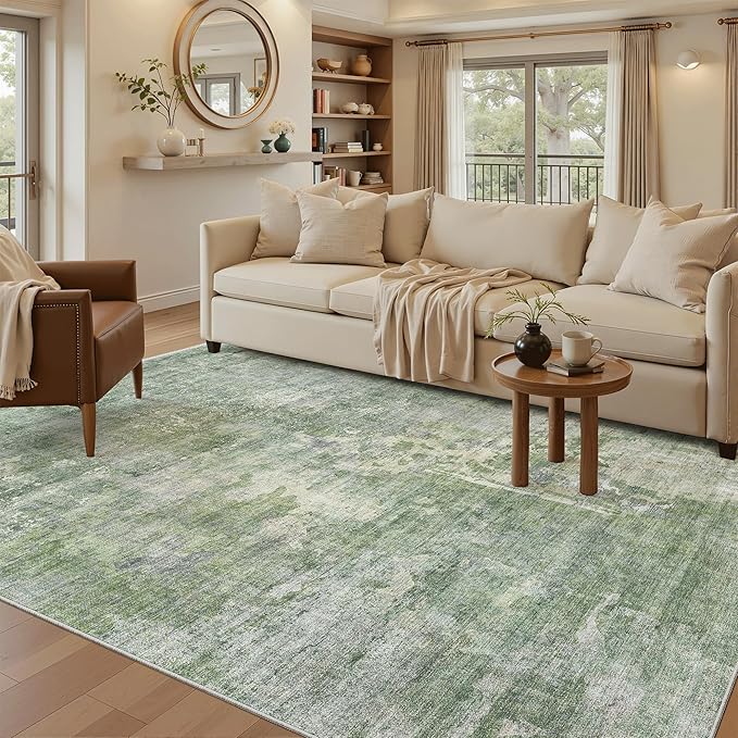 Abstract Rug 5x7 Machine Washable Area Indoor Green Low Pile Non-Slip Foldable Thin Accent Rugs for Bedroom Living Room Dining Room