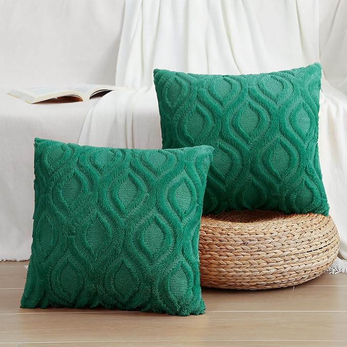 decorUhome Throw Pillow Covers 24x24 Inch Set of 2, Soft Plush Faux Wool Green Solid Couch Pillow Covers, Accent Euro Sham Farmhouse Neutral Square Pillow Cases for Sofa Bed Living Room