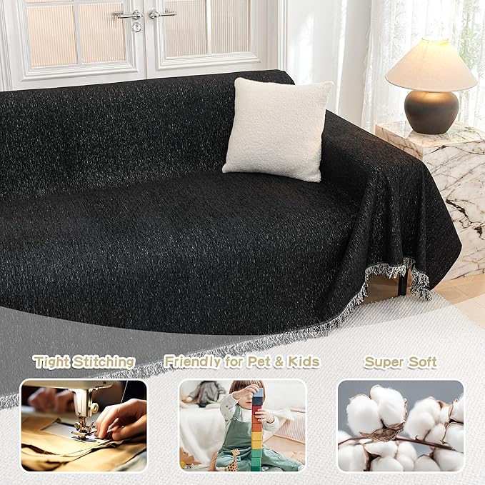 MYSKY HOME Couch Cover for Dogs Washable Couch Covers Couch Covers for Sofa Couch Cover 2 Cushion Sofa Non Slip Dogs Furniture Protector with Tassels Chenille Sofa Covers for Pets, 71"x102", Black
