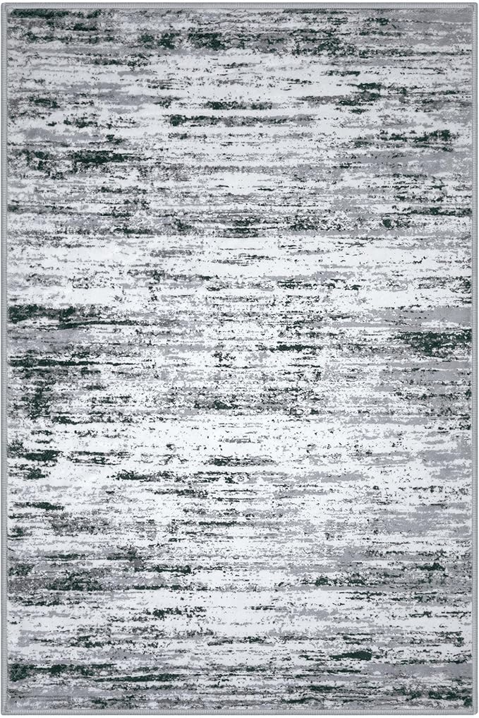 Lansny Modern Abstract 8x10 Large Machine Washable Living Room Rug Non-Slip Soft Bedroom Area Rug Black Gray White Ultra Thin Print Faux Wool Carpet Throw Rugs for Nursery Playroom Dining Room Indoor