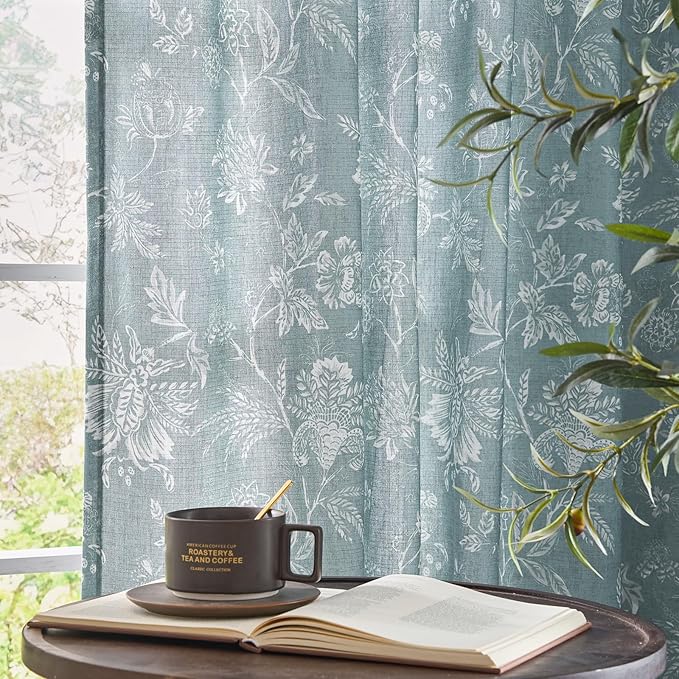 jinchan Linen Floral Curtains for Living Room, 63 Inch Length Curtains with Printed Flower Light Filtering Curtain, Rod Pocket Back Tab Blue Window Treatment Set Bedroom Curtain, 2 Panels Blue