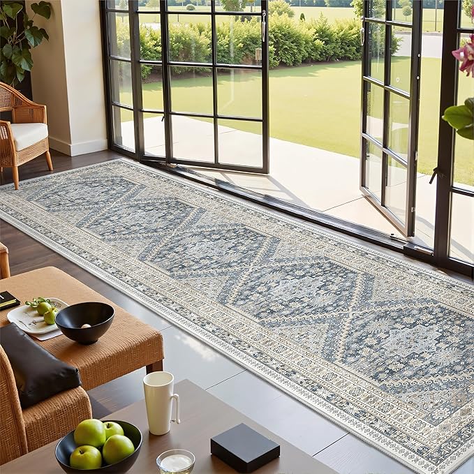 Carpet Runners for Hallway 12ft, Non-Slip Long Bathroom Rugs Runner for Kitchen, Bedroom, Soft Vintage Washable Rug for Entryway, Thin Floor Mat for Dining Room(Blue/Beige,2.5'x12')