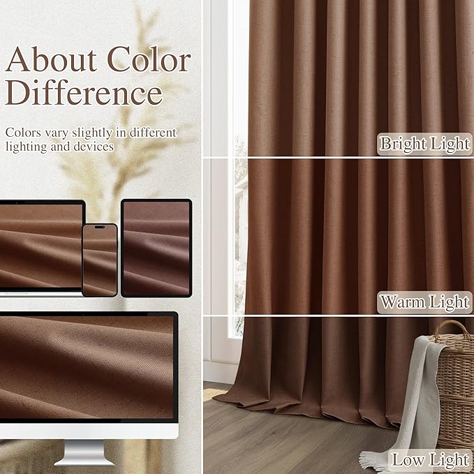 Guken 100% Blackout Curtains 120 Inch Length 2 Panels Set for Living Room Bedroom Back Tab Thermal Insulated Black Out Linen Drapes Room Darkening Window Curtains Rustic Brown 52x120