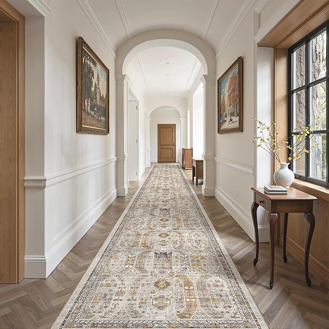 Madane Hallway Runner Rug 3x18 - Kitchen Rugs 18ft Washable Entryway Rug Vintage Kitchen Runners Non Slip Indoor Area Rug Farmhouse Carpet Runner for Bathroom Living Room Bedroom, Brown/Gold