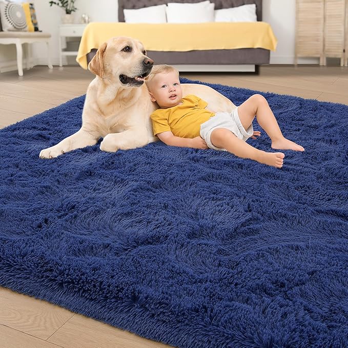 Tepook Fluffy Large Rugs for Living Room, Shag Area Rug 6x9 Soft Carpet for Bedroom, Modern Shaggy Rug for Kids Boys Girls, Plush Indoor Nursery Home Decor Rug with Non-Slip Bottom, Navy, 6 X 9 Feet