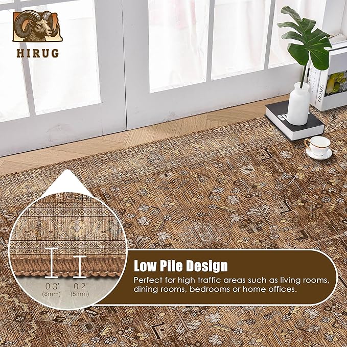 Washable Area Rug 6' x 9' Vintage Traditional Persian Mat - Foldable Distressed Non-Slip Machine Washable Carpet for Living Room Bedroom Kitchen Home Decor - Bronze and Ivory