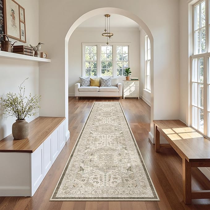 Madane Hallway Washable Runner Rug - 2x10 Kitchen Rugs Entryway Rug Runner Vintage Soft Floor Mat Non Slip Indoor Farmhouse Carpet for Bathroom Living Room Bedroom (2 X 10, Ivory/Brown)