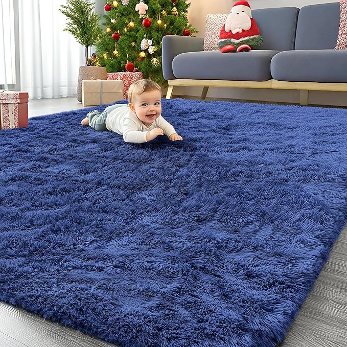 OLANLY 7x10 Machine Washable Large Area Rugs for Living Room, Bedroom, Soft Fluffy Shaggy Bedside Rug, Indoor Floor Carpet for Kids Girls and Boys, Dorms, Nursery, Home Decor Aesthetic, Navy Blue