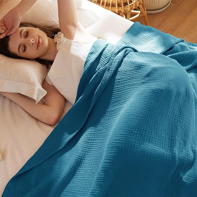 Bedsure 100% Cotton Muslin Blanket Queen Size for Bed - 4-Layer Breathable and Lightweight Thin Soft Summer Gauze Muslin Blankets for Adults, Teal, 90x90 Inches