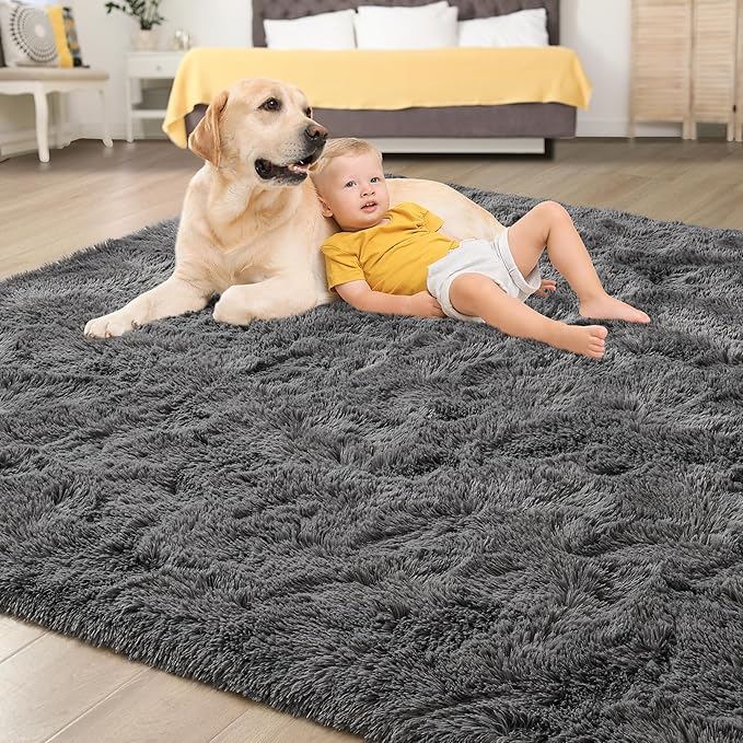 Tepook Soft Fluffy Rugs for Living Room, 5x8 Shaggy Area Rug for Bedroom, Modern Shag Rug Fuzzy Carpets for Kids, Plush Indoor Nursery Home Decor Rug with Non-Slip Bottom, Dark Grey