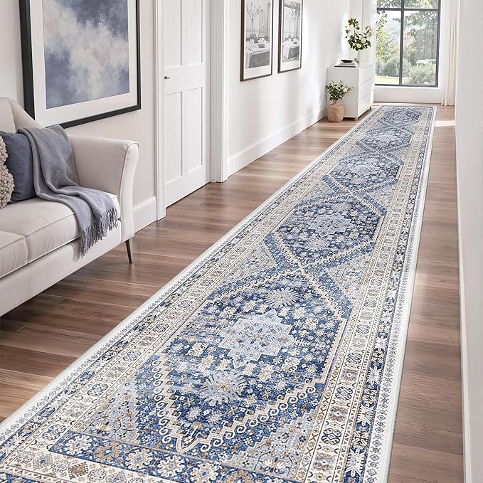 zesthome Washable Runner Rug 2.5x16 - Stain Resistant Entryway Rug,Ultra-Thin Kitchen Rugs, Anti Slip Backing Runner Rugs for Entrance Laundry Room Indoor Hallway (Blue/Beige,2.5'x16')