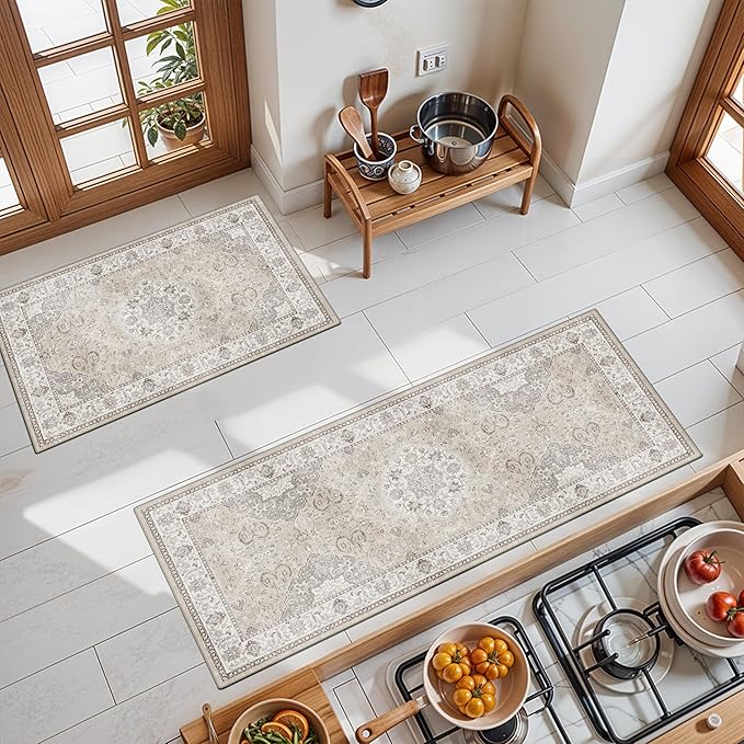 Washable Kitchen Rug Set of 3: Boho Non-slip Soft Stove Sink Mat Light Weight Stain Resistant Carpet for Dog Bowl Area Comfort Tile/Hardwood Floors Protection Mat for Entryway Foyer(2x3+2x4+2x5,Beige)