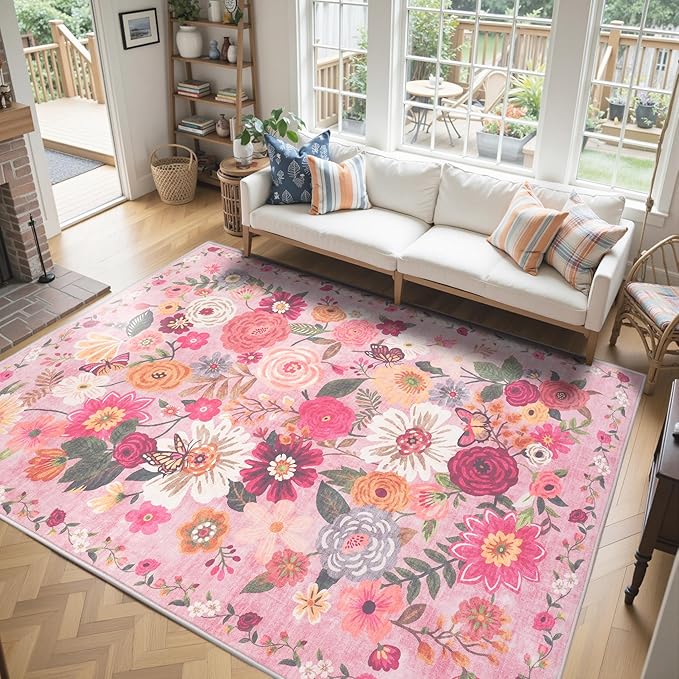 Pink Area Rugs 10x14 Living Room, Non Slip Machine Washable Floral Rugs, Low Pile Lightweight Large Rug for Bedroom, Dining Room, Home Office(10 x 14, Pink Garden)