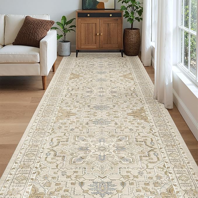 Madane 4x12 Wide Hallway Runners: Washable 12ft Runner Rug for Entryway Living Room Soft Vintage Non Slip Carpet Runner for Kitchen Dining Room Nursery Bedroom Thin Area Rug (Beige/Blue, 4x12ft)