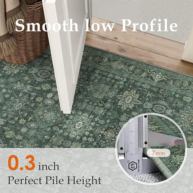 6x9 Washable Area Rug for Living Room Bedroom Vintage Green Carpet Soft Low Pile Traditional Retro Non Slip Throw Rug for Dining Room Entryway Indoor Dorm Kitchen