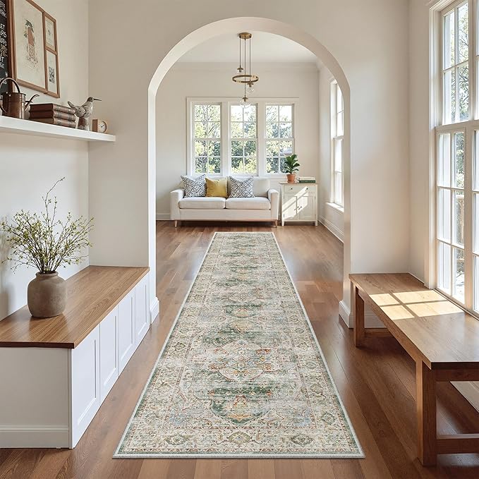 Madane Runner Rugs for Hallway 2x10 Long Washable Non-Slip Hallway Runner Rug Low-Pile Stair Kitchen Runner Soft Throw Carpet for Entrance Living Dining Laundry Room (Green, 2 x 10)