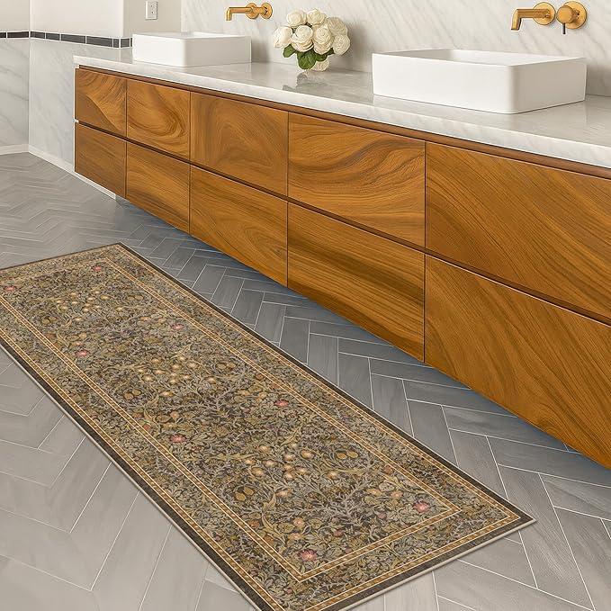 Hazo Haus Non Slip 2x5 Gold Brown Bathroom Runner Rug - Small Runner Rugs, Washable Kitchen Floor Mat, Bedroom, Laundry Room, Hallway Runner - Vintage Oriental Décor