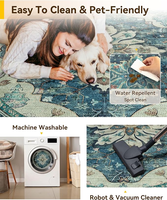 RELEANY Area Rugs 5ft Washable Non-Slip, Floral Vintage Distress Print Pattern Medallion Carpet for Living Room Bedroom Dining Room, Dark Blue Vintage