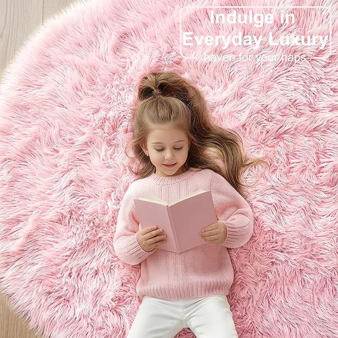 Pink Round Area Rugs 6Ft for Bedroom Living Room, Big Fluffy Shag Circle Rug for Kids Playroom, Cute Preppy Room Decor for Teen Girls, Cozy Fuzzy Furry Plush Carpets for Baby Nursery, Dorm, Classroom