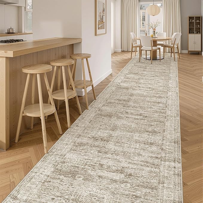 Hallway Runner Rug 3x16 - Vintage Non Slip Washable 16ft Kitchen Runner for Entrance Soft Long Carpet Runners for Living Room Bedroom Dining Room, Brown