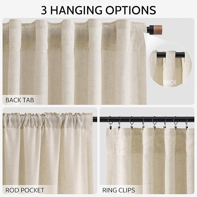 Linen Curtains for Living Room 90 Inches Long Modern Farmhouse Decor Light Filtering Semi Sheer Curtain Back Tab Neutral Luxury Rustic Burlap Coastal Drapes for Bedroom Office 52x90, 2 Panels