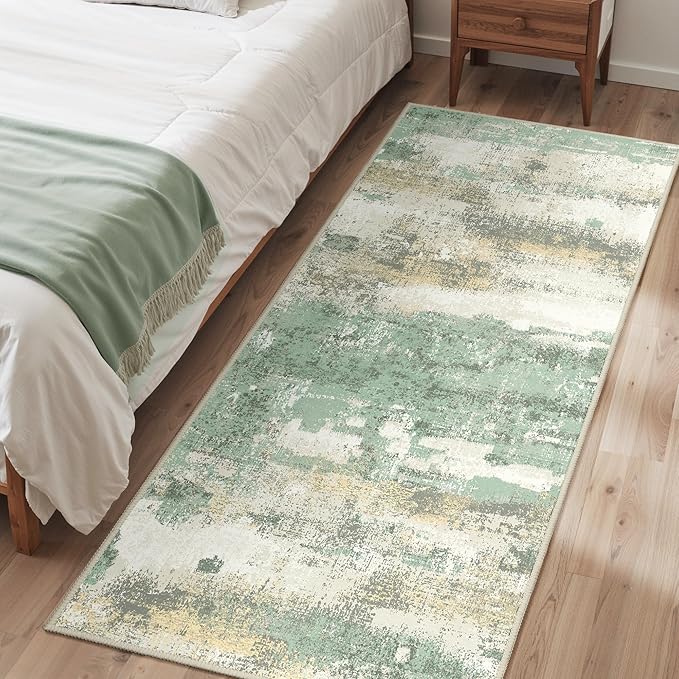 BEIMO Runner Rug for Hallway Kitchen, 2'6"x4' Machine Washable Runners Rug for Entryway, Soft Modern Abstract Throw Rugs, Low Pile Floor Cover with Non Slip Backing, Light Green