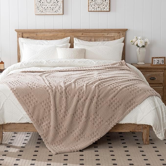 50x70 Inch Waffle Brown Throw Blanket -Fluffy Fleece, Neutral Tan Color, Cute & Aesthetic, Perfect for Sofa, Couch, Chair, Bed, Living Room & Bedroom, All-Season Use, Plush & Cozy Decorative Blanket
