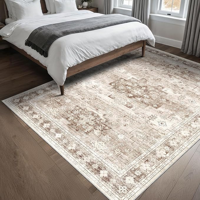 Hazo Haus Washable Neutral Farmhouse Bedroom Rug, 5x7 Area Rugs for Living Room, Nursery Room, Boho Vintage Floral Non-Slip Rug Low Pile Stain Resistant (5x7 Beige/Latte)