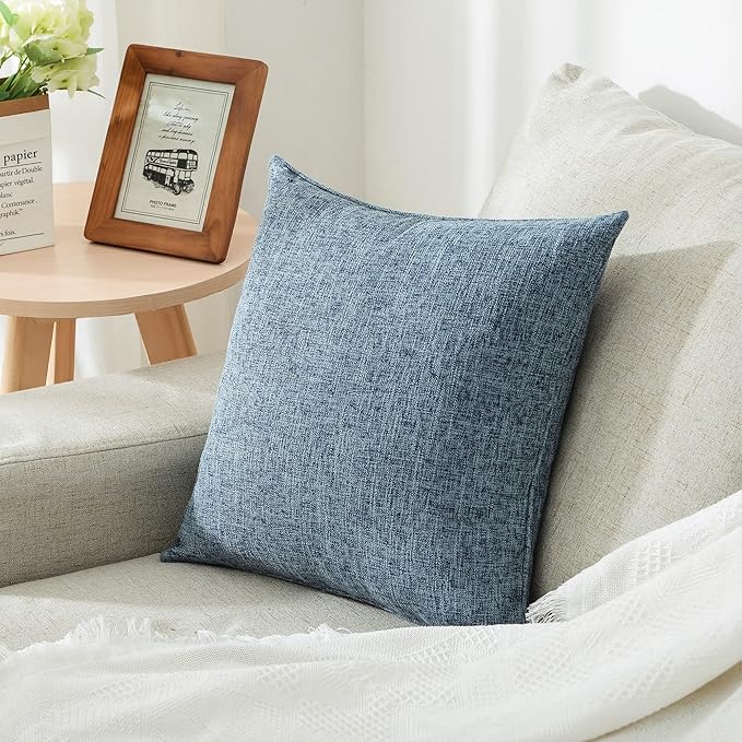 HPUK Linen Throw Pillow Covers Pack of 2, 18x18 Inch Accent Cushion Covers for Living Room, Bedroom, Decorative Solid Color Pillow Covers for Couch, Sofa, Chair, Blue