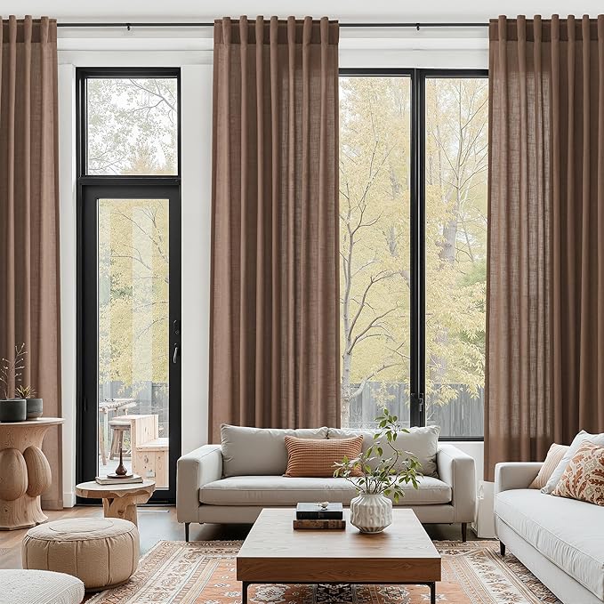 Caramel Brown Linen Curtains for Living Room Extra Long 112 Inches Long Back Tab Light Filtering Semi Sheer Curtain Vintage Rustic Decor Floor to Ceiling High Window for Bedroom 52x112, 2 Panels