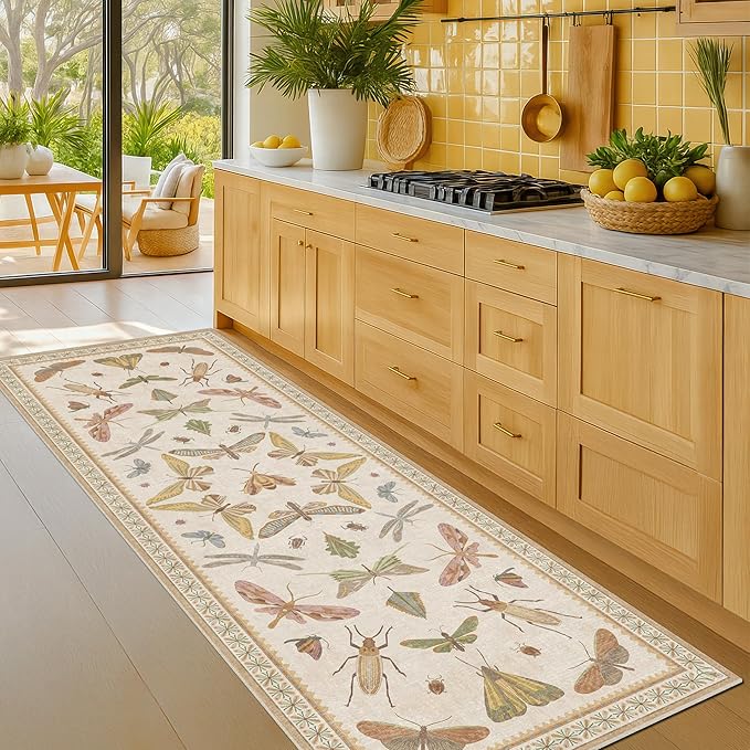 Hazo Haus Boho 2x5 Long Bathroom Rug - Laundry Room Rug Runner for Kitchen, Washable Non Slip Soft Stain Reistant Beige and Yellow Neutral Insect Design Decor