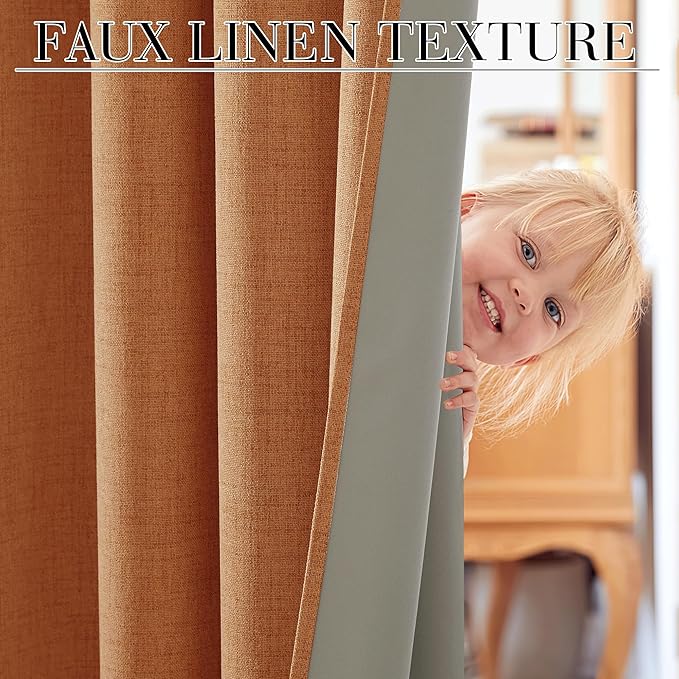 RYB HOME Burnt Orange Total Blackout Curtains Linen Texture, Fall Curtains for Bedroom/Living Room/Office, Thermal Insulated Boho Farhmouse Home Decor, Luxury Privacy Drapes, W52xL96, 2 Panels