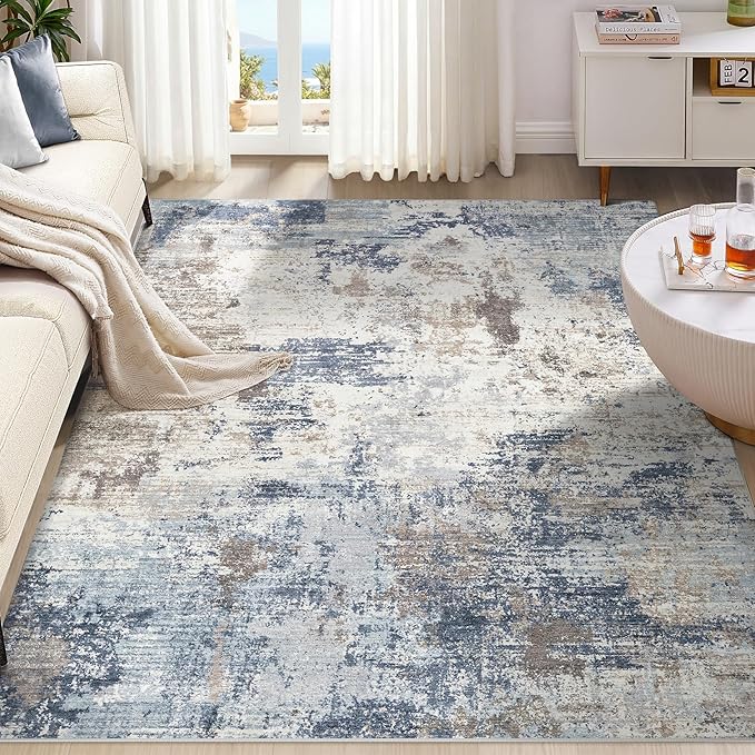 UERMEI 6x9 Area Rug Living Room Rugs Thickened - Washable Neutral Modern Abstract Soft Rug Indoor Floor No Slip Rug Carpet for Bedroom Under Dining Table Home Office Decor - Denim Blue