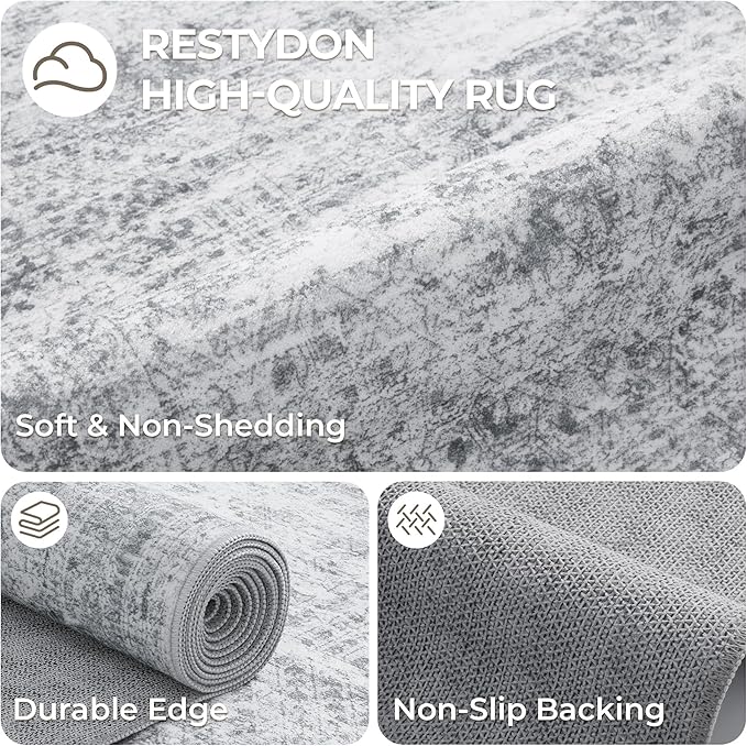 6x9 Rug for Living Room,Soft Low Pile Indoor Washable Rugs for Bedroom, Non-Slip Backing Vintage Large Area Rug, Printed Abstract Carpet(6'x9', Grey/Ivory)