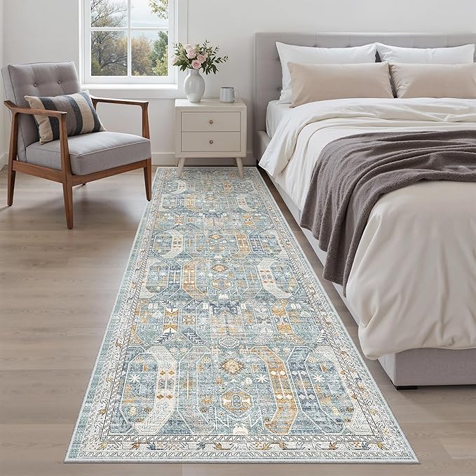 Madane Runner Rug 2'6''x8' Kitchen Runner, Hallway Runner Printed Vintage Washable Rugs Soft Non-Slip Low Pile Runners for Hallways Laundry Room Distressed Carpet, Blue/Gold