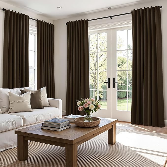 Guken 100% Blackout Curtains 84 Inch Length 2 Panels Set for Living Room Bedroom Back Tab Thermal Insulated Black Out Linen Drapes Room Darkening Chocolate,52x84