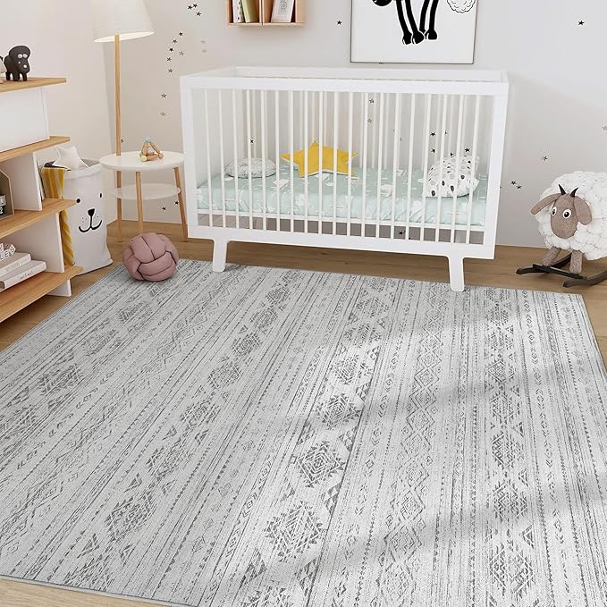Nakagishi 9x12 Area Rug Living Room: Washable Boho Large Neutral Soft Farmhouse Modern Rugs Stain Resistant Moroccan Non-Slip Indoor Carpet for Bedroom Nursery Kids Office Dining Room- Dark Grey