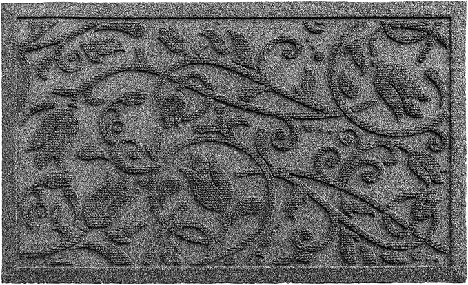 Boho Grey Floral Leaves Outdoor Indoor Entrance Doormats, Absorbent Durable Heavy Duty Welcome Front Door Mat,Thick Natural Rubber Back,Easy Clean Entryway Mat 17x30 Inch, Low Profile