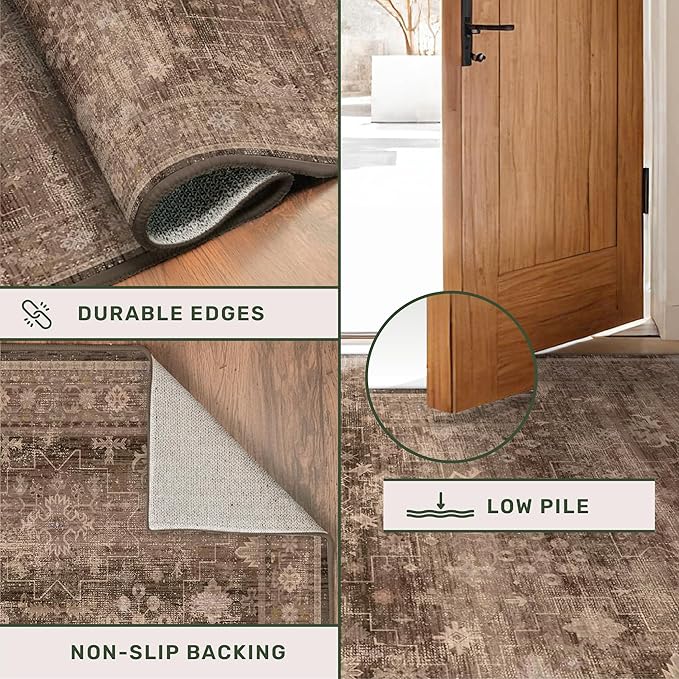 Brown 2x5 Entryway Runner Rugs, Small Runners for Kitchen, Door Mat Indoor Entrance, Bathroom, Non-Slip Low-Pile Washable Stain Resistant, Vintage Taupe Earthy Decor