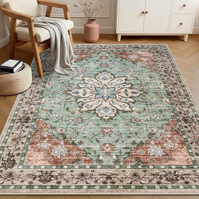 6x9 Area Rugs Living Room Rug: Washable Vintage Distressed Floral Rug No Slip Stain Resistant Soft Carpet Indoor Floor Large Carpets for Bedroom Dining Room Farmhouse Nursery Home Office Brown Green