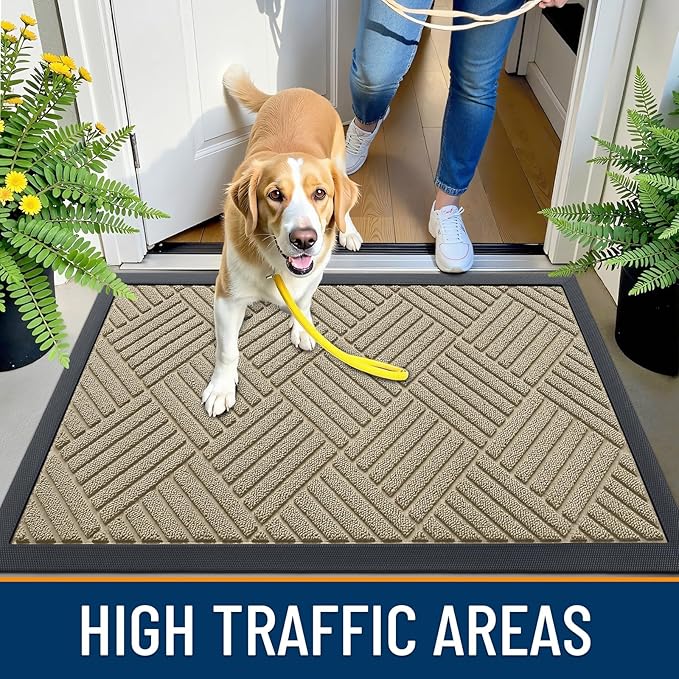 OLANLY Front Door Mat Outside Entrance 71x47, Absorbent, Heavy Duty Sturdy Natural Rubber Doormat Indoor Outdoor, Stain and Fade Resistant, Non-Slip Low Profile Floor Mat for Entryway, Beige Diamond
