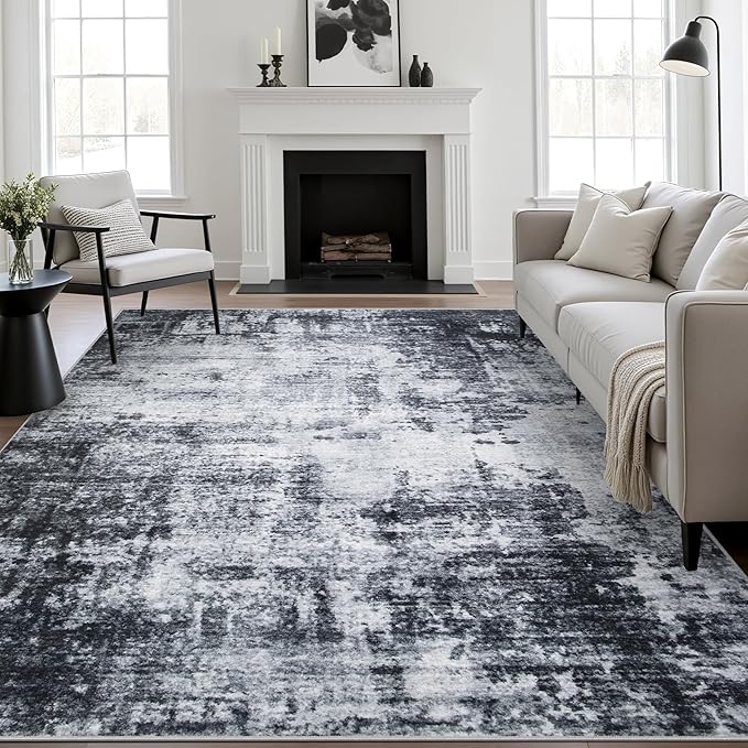 10x14 Area Rug Living Room Rug: Washable Modern Abstract Soft Thin Rug Indoor Floor No Slip Stain Resistant Carpet for Bedroom Dining Room Farmhouse Nursery Home Office - Dark-Black